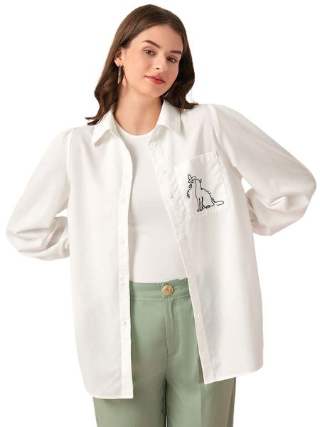 

cat & butterfly embroidery button front shirt d5mj#, White