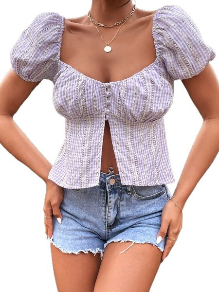 

gingham shirred button front split hem blouse 97os#, White
