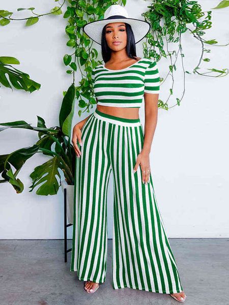 

casual black white striped 2 piece lounge sets women's tracksuits o-neck short sleeve t-shirts and loose wide leg pant outfits