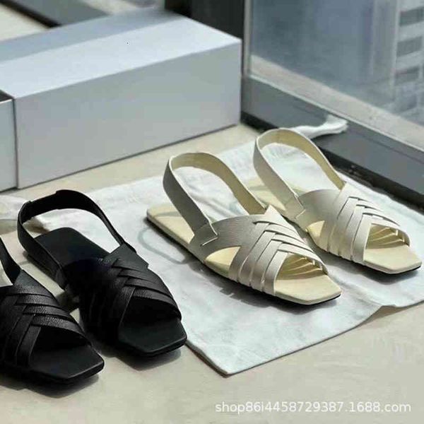 

sandals minority pure original the * row leather woven open toe back empty ins french square head flat bottom roman women's sandals, Black