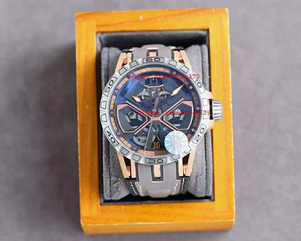 

trendy men's fully automatic mechanical watch with a diameter of 46mm. the dial adopts a bare sports car movement. it is matched with a, Slivery;brown