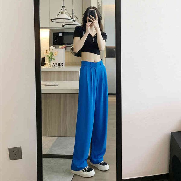 

women's pants & capris klein blue wide leg pants women's summer high waist drooping suit 2022 leisure high-grade ice silk hxgz, Black;white