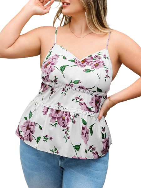 

plus floral print contrast lace cami 25lb#, Black