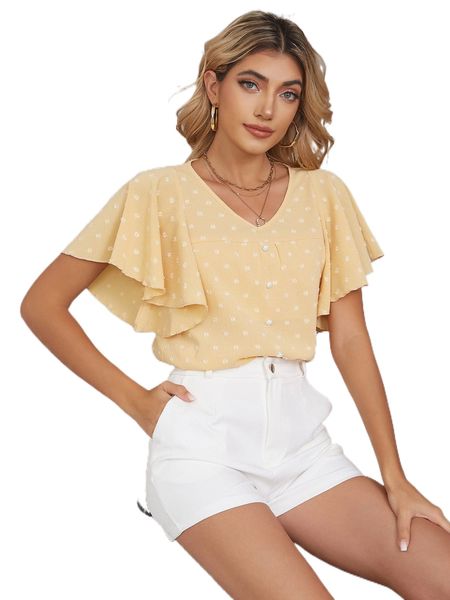 

swiss dot ruffle trim v-neck p5mm#, White