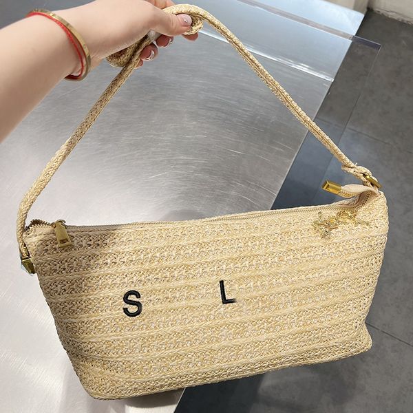 Borsa da spiaggia in paglia Tote Borse a tracolla Donna Estate Vacanza Tessuto Borse a spalla Borsa Scava fuori Rattan Tessitura Lettera Borse da viaggio Borse Chiusura con cerniera