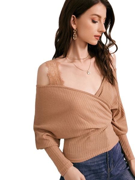 

contrast lace cold shoulder batwing sleeve v14f#, White