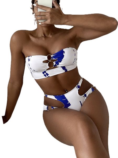 

allover print ring linked cut out bandeau bikini swimsuit 595v#, White;black