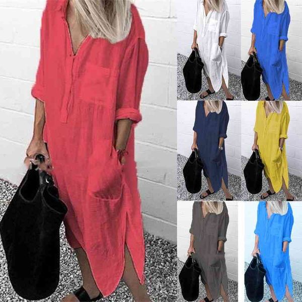 

casual dresses summer autumn elegant solid color slit dress simple button long lining skirt for women 9hg3, Black;gray