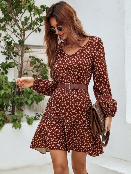 

ditsy floral bishop sleeve ruffle hem dress without belt j7tk#, Black;gray