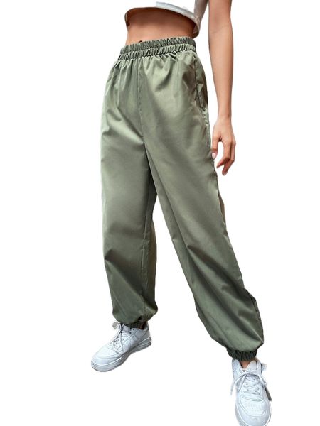 

solid elastic waist carrot pants t1ll#, Black;white