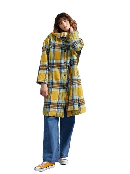 

plaid slit hem hooded overcoat s40f#, Black