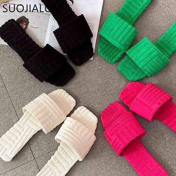

suojialun 2022 winter women plush slipper fashion brand flat heel ladies slides slip on warm cotton indoor flip flops plus 35-42 220627, Black