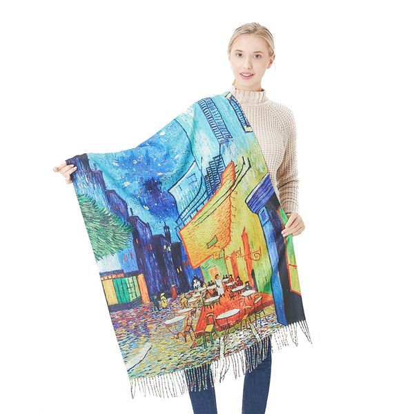 

vintage oil painting cashmere scarf women winter warm van gogh coffee house tassel scarves designer luxury long print wrap shawl, Blue;gray