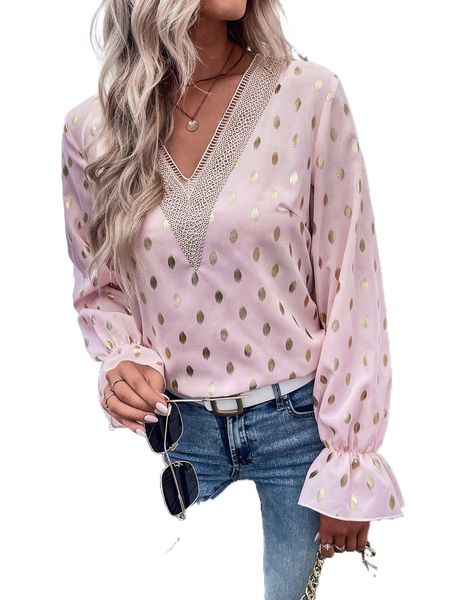 

gold polka dotted guipure lace flounce sleeve blouse a34g#, White