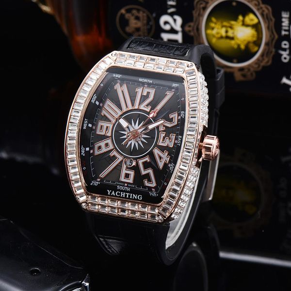 

iced out mens watches quartz movement diamond case watch men collection v45 rubber strap rose gold casual wristwatch 276c, Slivery;brown