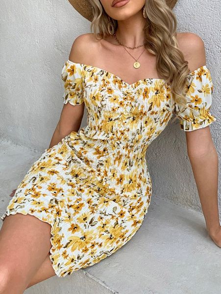 

floral print off shoulder shirred bodycon dress 28od#, Black;gray