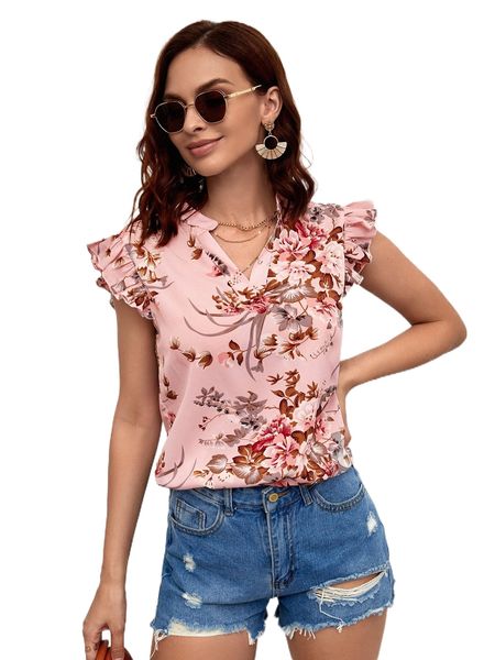 

floral print ruffle sleeve notched neck blouse r3tn#, White