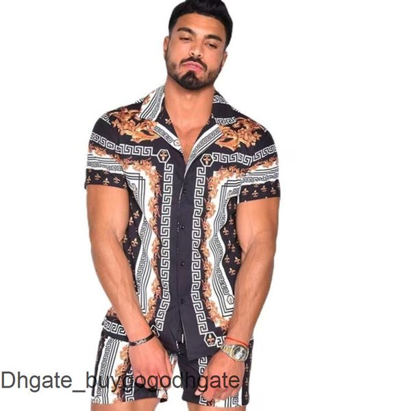 

men's fashion casual shirts tracksuit hawaiian sets t-shirts printing luxury summer swim short sleeve button men shirt suit vacation be, White;black