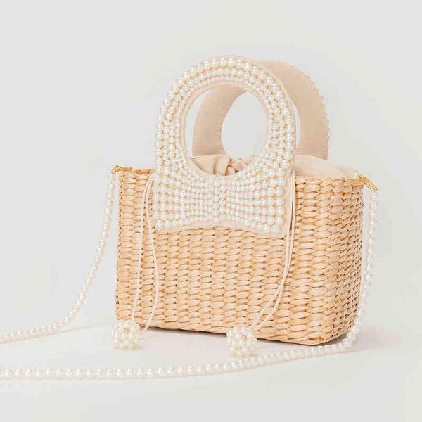 

evening bag pearl bow woven beach bag for women 2022 summer new handmade nature square straw rattan shoulder crossbody vacation casual 22062