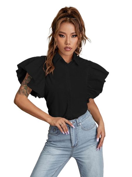 

ruffle sleeve solid blouse a29r#, White