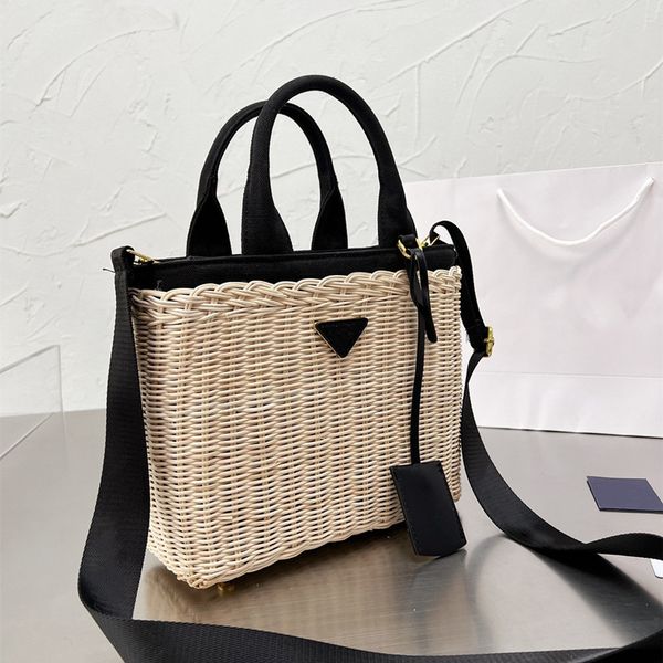 

designer women handbags functional basket triangular leather lettering tag wicker woven tote bag double handle cotton canvas lining zip clos