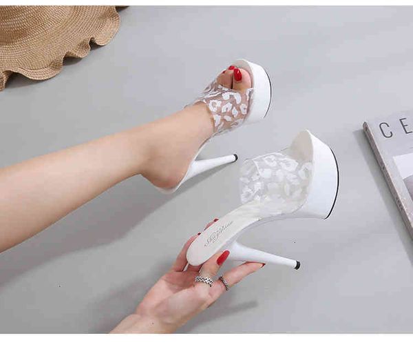 

women slipper sandals shoes stilettos heels super high heels 14cm waterproof fishmouth transparent crystal wedding wknf gsj8, Black