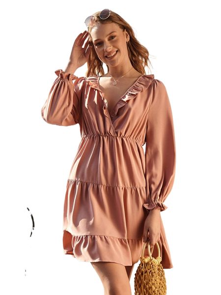 

ruffle trim flounce sleeve dress 21gg#, Black;gray