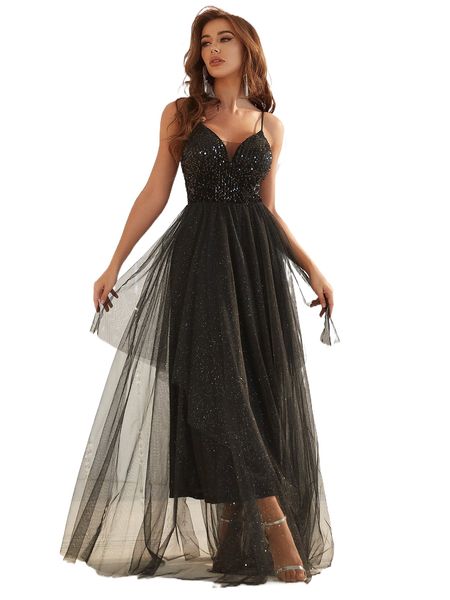 

contrast sequin layered mesh hem prom dress o67a#, Black;gray