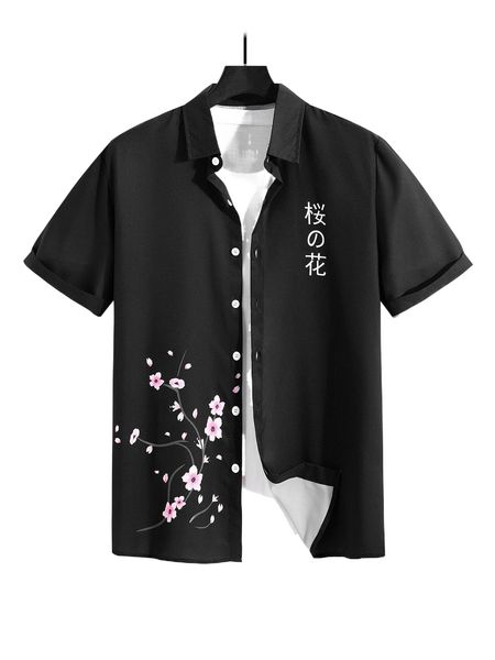 

men japanese letter & floral print shirt without tee m8x2#, White;black