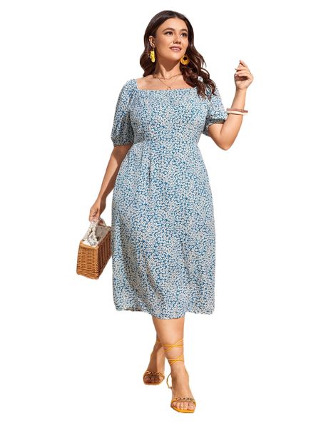 

plus ditsy floral square neck split back dress b6fv#, Black