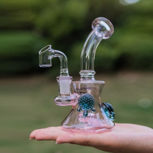 7 Zoll bunt auf Lager Einzigartiger, hochwertiger Schildkröten-Wasserpfeifen-Bubbler, gebogener Typ, dicke Glasbong-Ölplattform, Rauchwasserpfeifen, Dab-Rigs mit 14-mm-Verbindung