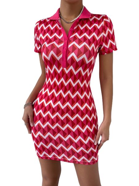 

chevron print polo neck bodycon dress s9g0#, Black;gray