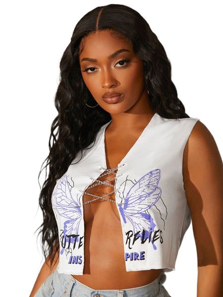 

sxy letter & butterfly print chain crisscross crop tank r1ne#, White