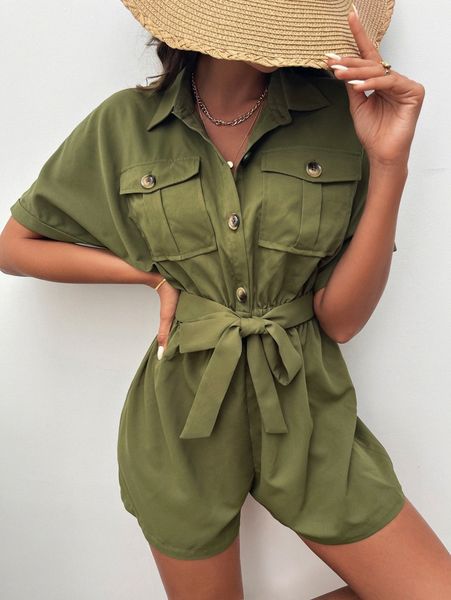 

flap pocket belted roll up sleeve romper s9va#, Black;white