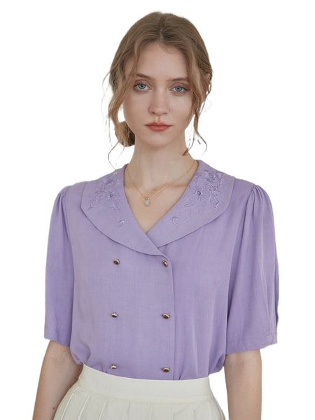 

simple retro floral embroidery button front shirt 20i3#, White