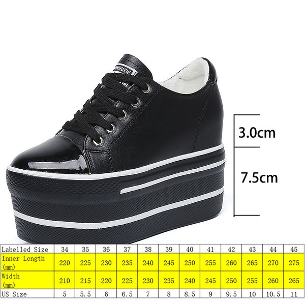 

10cm 2022 genuine leather thick soler super high hidden heel platform wedge chunky shoes sneakers lace up vulcanized shoes, Black;yellow