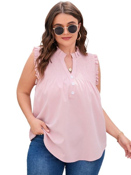 

plus solid shirred frill trim button front notched neck blouse e6jw#, Black