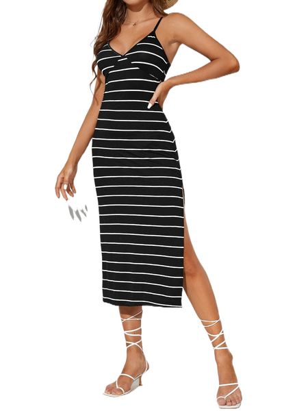 

tall striped split thigh cami dress w2xu#, Black;gray