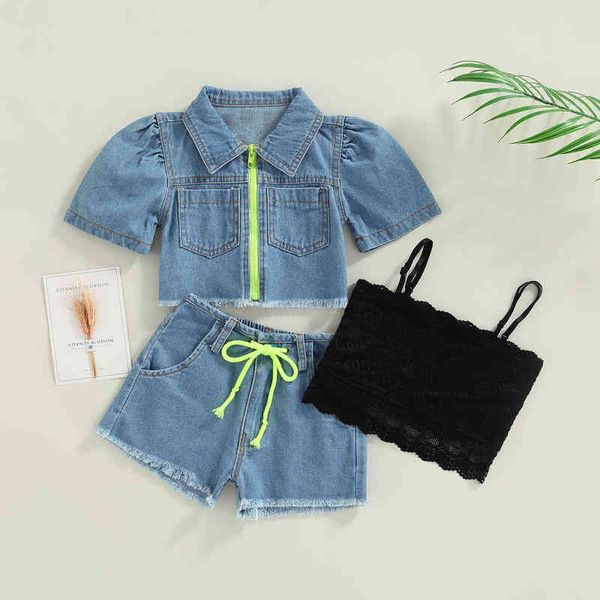 

citgeett summer kids girls denim outfit short sleeve jacket shorts and shirt casual daily clothing set j220711, White