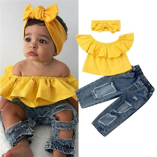 

16y baby girl off shoulder ruffles kids ripped holes denim pants headband child 3pcs sets 220617, White
