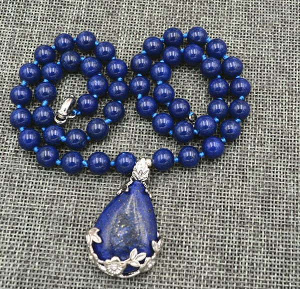 

8mm natural lapis lazuli gemstone water drop pendant necklace 18, Silver