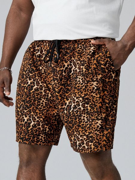 

extended sizes men leopard print drawstring waist shorts c9pw#, White;black