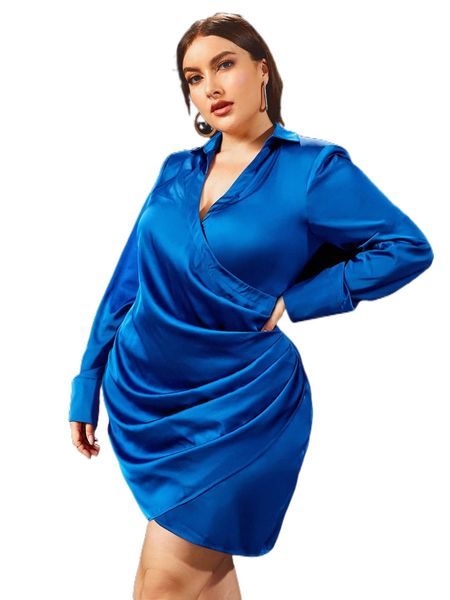 

plus ruched tulip hem satin shirt dress g0kb#, Black