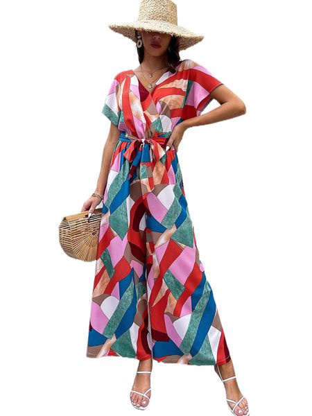 

geo print batwing sleeve belted jumpsuit m1wp#, Black;white