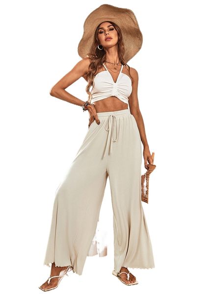 

lettuce trim drawstring waist wide leg pants a1vj#, Black;white