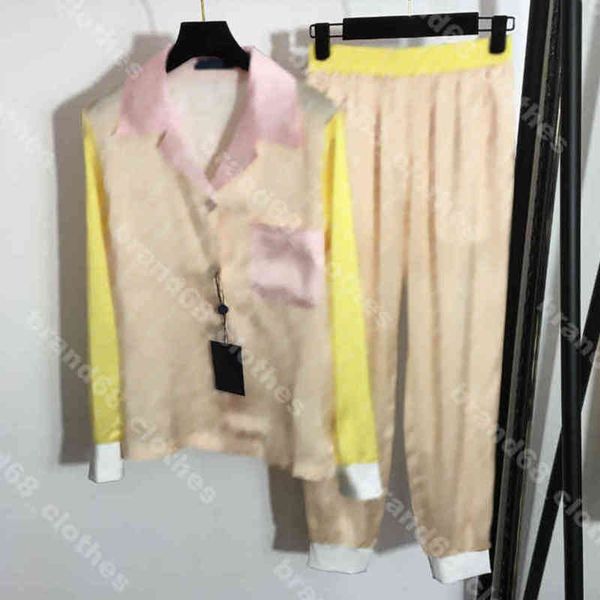 

high end women silk home pajamas style set pants old flower logo print fashion long sleeve shirt trousers two piece suit louisclothes brand, White