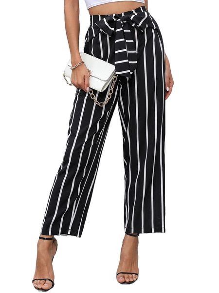 

striped wide leg belted pants k2r6#, Black;white