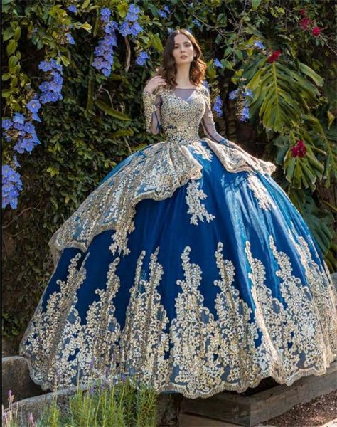 2022 Blue Quinceanera Платья с длинным рукавом Золотая кружева Аппликация с длинным рукавом Мексиканская Сладкие 15 Платьев Тухой юбка, Вестидос 16 AnoS