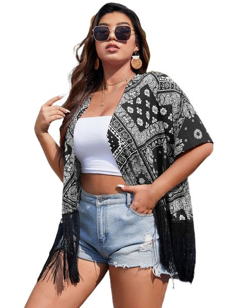 

plus scarf print fringe trim batwing sleeve kimono m8w3#, Black;gray