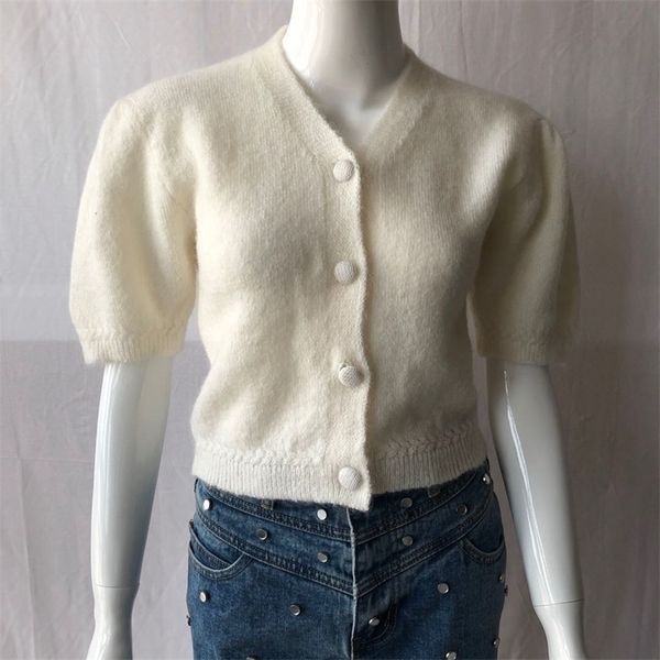 

women sweater 2020 early spring new puff sleeve short sleeve knit mohair sweater cardigan lj201113, White;black